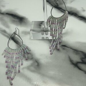 White & Pink Hoop Fringe Earrings